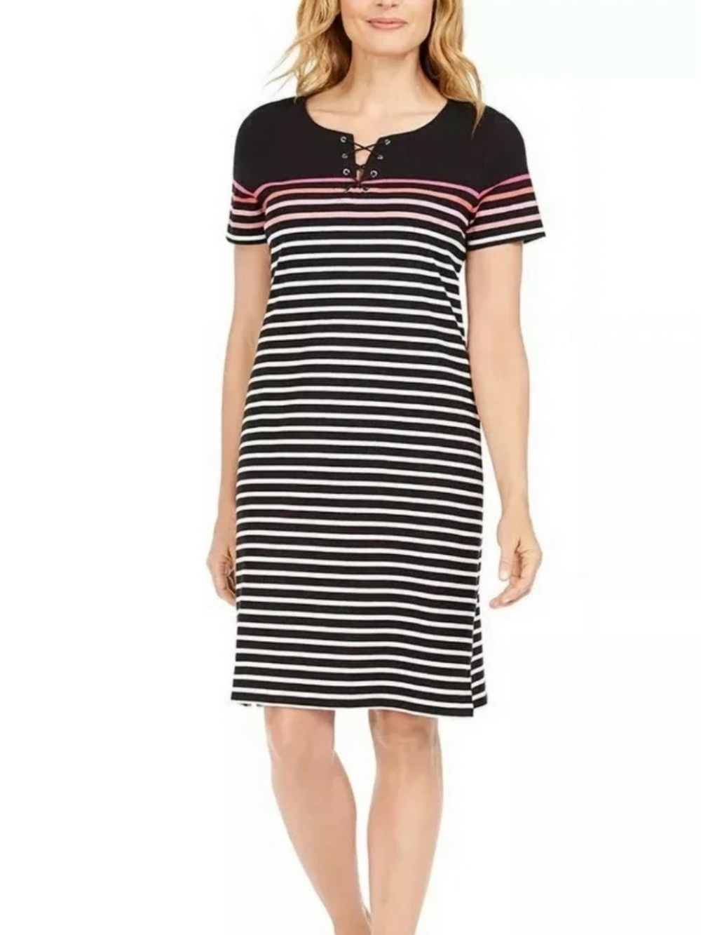 Karen Scott Black & White Stripe Lace-Up Short Sleeve Dress with Pink Accent
